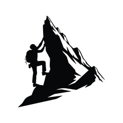 vector silhouette of a person climbing a mountain with a white background 