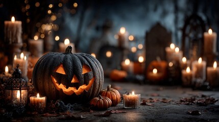 Eerie Halloween night with glowing jack-o'-lanterns and flickering candles casting spooky shadows, perfect for seasonal greetings and festive decorations adding a touch of chilling charm