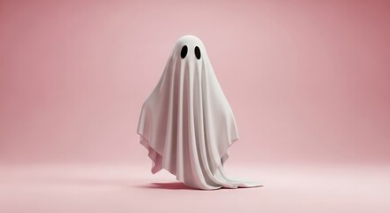 Halloween ghost sheet outfit on soft pink backdrop — modern, cute, and eerie concept