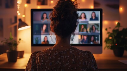 A woman is engaged in a video call on her computer, surrounded by soft lighting and plants, creating a cozy atmosphere for online interactions.