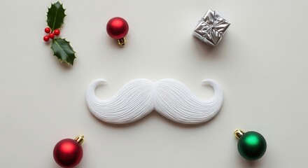 Flat lay Christmas background with Santa's white hipster moustache — minimal design and festive copy space