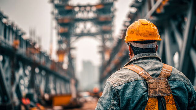 Construction worker inspecting a bridge under construction in an urban area - Powered by Adobe
