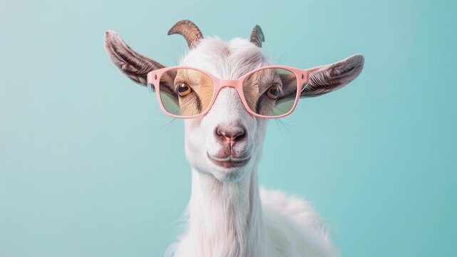 Cheeky goat wearing retro sunglasses on pastel backdrop, quirky character for humorous ads, social stickers, eco farm branding and playful content that stops the scroll with instant personality