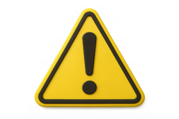 Yellow warning sign icon with black exclamation mark representing danger, alert, caution, and urgent attention, transparent background