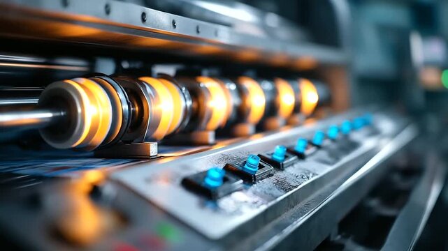 Selective focus on a modern flexographic printing press rolls of flexible material threaded through cylinders ink trays glistening control panel with digital displays the machi