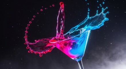 Colorful Martini cocktail in motion — neon pink and blue splash, symbolizing fun and celebration