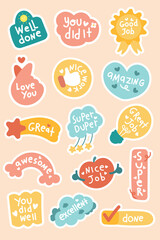 Motivational sticker pack with cute colorful phrases for journal or daily planner sticker