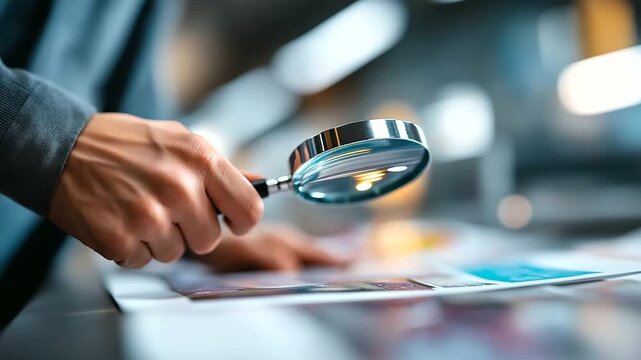 An unrecognizable printing house worker uses a magnifying glass to inspect a printed poster for flaws the lens magnifying colors and details light reflecting off the paper
