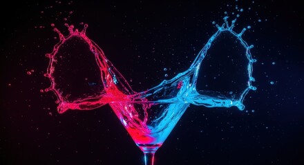 Colorful Martini cocktail in motion — neon pink and blue splash, symbolizing fun and celebration