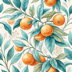 Seamless watercolor pattern ripe juicy oranges on tree branches with green leaves fresh citrus fruits illustration