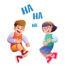 Boy and girl kids wearing glasses jumping and laughing together, expressing joy and humor with floating "HA HA" text. Vector cartoon illustration