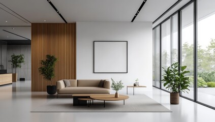 A modern, minimalist living room featuring natural light, sleek furniture, and indoor plants, creating a serene and stylish ambiance.