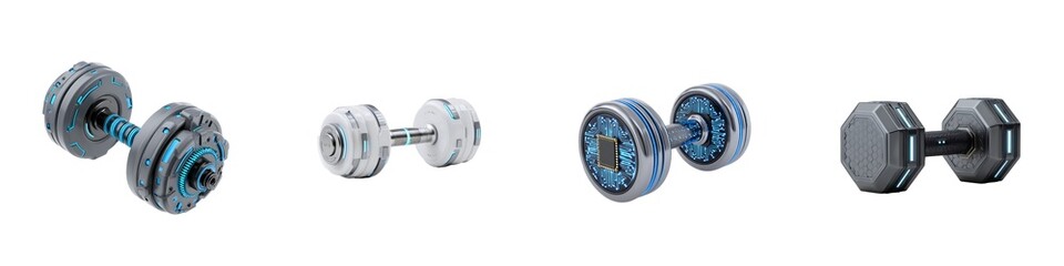  Set of dumbbell and fitness technology icons isolated on transparent background