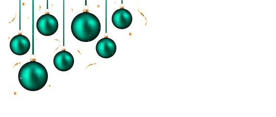 Green christmas balls with confetti isolated on transparent background.	