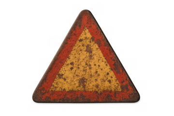 Rusty triangular warning sign showing corrosion and decay on textured metal surface, transparent background