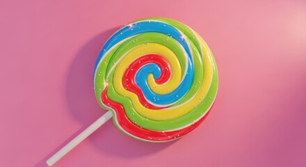 Bright colorful lollipop on pink background — symbolizing fun, sweetness, and childhood joy