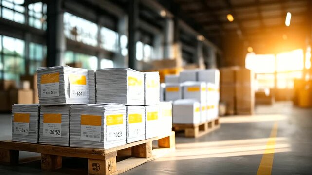 Empty print shop warehouse with stacks of packed paper on wooden pallets cardboard boxes labeled with inventory codes daylight filtering through high windows concrete floor mark