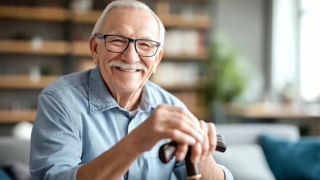 A senior man sits on a sofa holding a walking cane with his left hand wearing glasses his calm expression meeting the camera his hair and mustache neatly trimmed a living room