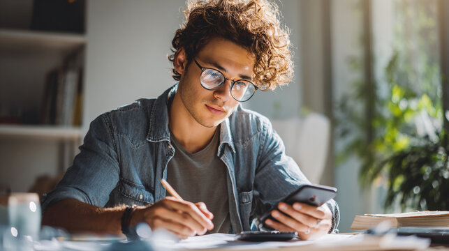 man looking at his phone and calculating finances close up