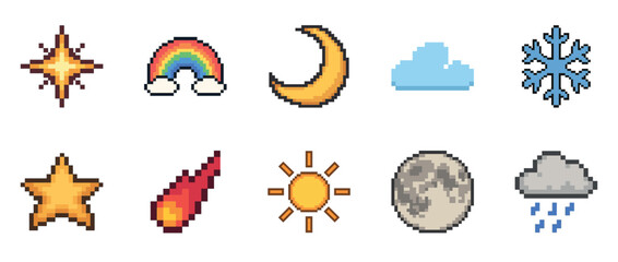 Colorful pixel art weather and celestial icons: star, rainbow, moon, cloud, snowflake, shooting star, sun, moon, rain