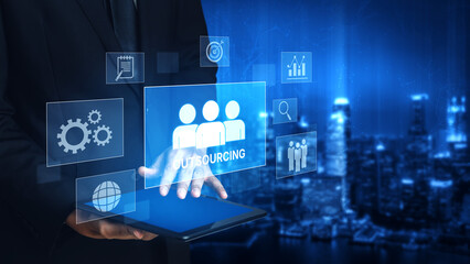Outsourcing concept showing collaboration, delegation, global workforce, productivity, and task...