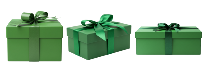 Set of green gift boxes isolated on white or transparent background