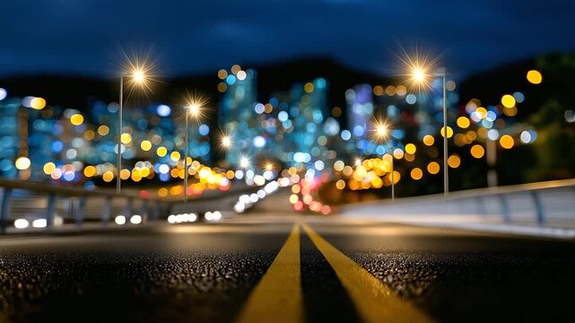 Softly blurred view of road lights forming a path toward bright city skyline, silhouette moving forward with steady pace, with copy space.