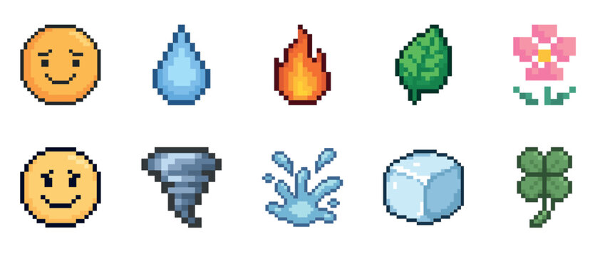 Pixel art symbols: emoticon, elements, nature icons in retro style