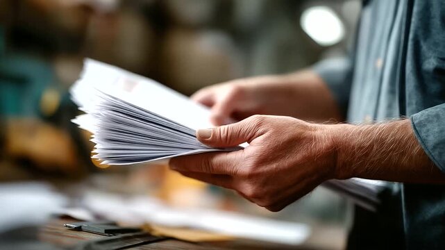 Hands of an unrecognizable printing house worker hold a pile of fresh printouts fingers fanning the edges ink still warm tools like cutters and rulers blurring in the background