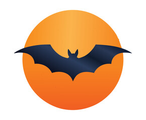 Illustration of a dark blue bat flying across a large full orange moon during a spooky evening or scary night sky scene