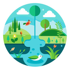 Flat design nature scene with bird and duck isolated on transparent background