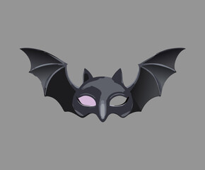 Illustration of a spooky black bat mask with glowing eyes and pointed ears, perfect for a Halloween costume party