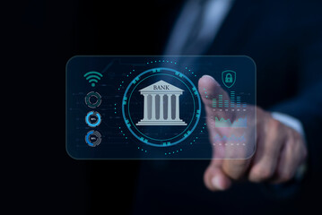 Businessman hand pointing online banking. Digital banking, global networking, cyber security concept. AI and automation concept.
