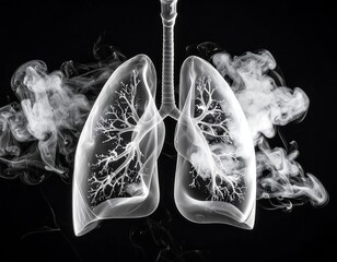 Anatomical illustration of the human respiratory system rendered in luminous white, enveloped by a cloud of vapor against a stark, black background