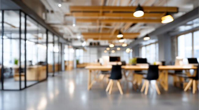 Open-plan contemporary office featuring wooden desks, black chairs, and glass partitions, creating a blurred background for business, technology, and productivity concepts