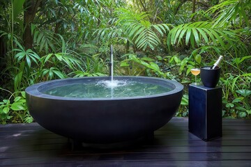 A luxurious outdoor bathtub made of dark stone, filled with clear water and surrounded by lush tropical greenery and large leafy plants.