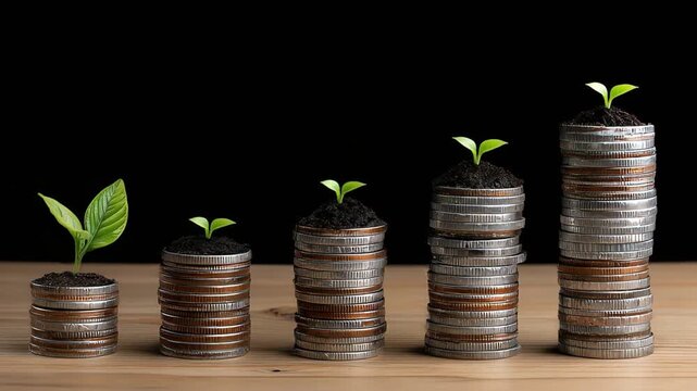 Stacks of coins illustrate financial growth, with a green plant emerging from a small pile, symbolizing sustainable investments and environmental consciousness in finance.