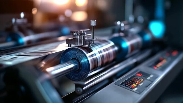 Selective focus on a modern flexographic printing press rolls of flexible material threaded through cylinders ink trays glistening control panel with digital displays the machi