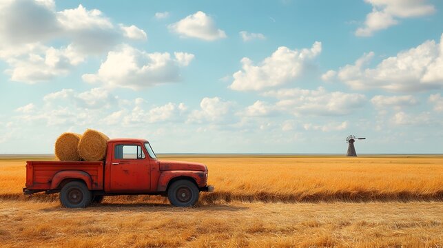 Truk antik mengangkut jerami di ladang gandum keemasan