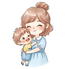 Cute Mother Holding Baby Boy Illustration