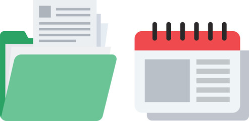 Green folder with documents and red calendar with black binding papers