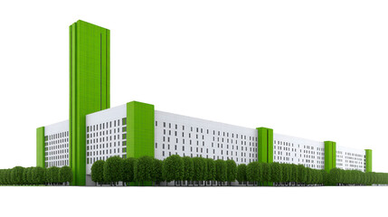 Modern green and white office building with tall tower, multiple floors, and rows of windows, surrounded by lush green trees, urban architecture, clean and contemporary design