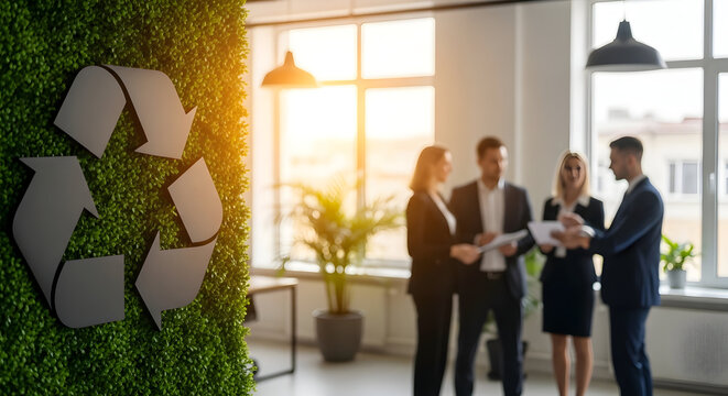 Eco-conscious business team discussing strategy near recycle symbol in bright office - Powered by Adobe