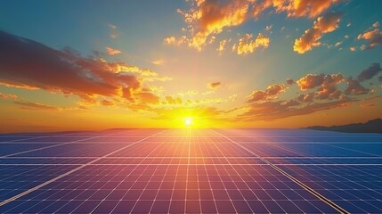 Realistic sunset view of solar panels on battery energy storage systems at a solar farm