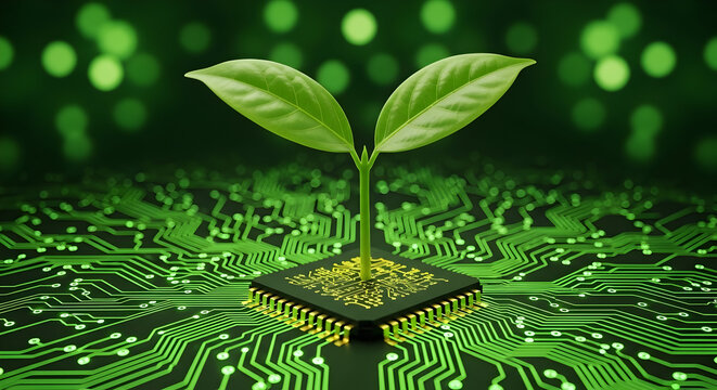 Green technology concept: Plant growing from circuit board representing innovation