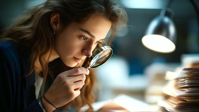 A young woman examines printouts with a magnifying glass her eye magnified through the lens checking for pixelation and color bleed stacks of papers under a bright desk lamp