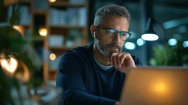 A middle aged South Asian man sits at a desk working on a laptop wearing eyeglasses and wireless earphones his chin resting on his hand screen glowing with data modern office