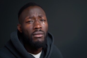 Obraz premium Emotional expression of young african male with tear against dark background