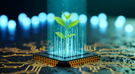 Green seedling sprouts from futuristic circuit board, symbolizing tech growth and innovation