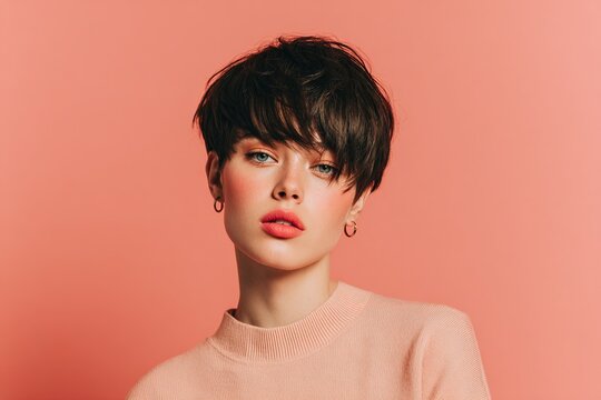Young woman with short dark pixie haircut on peach background